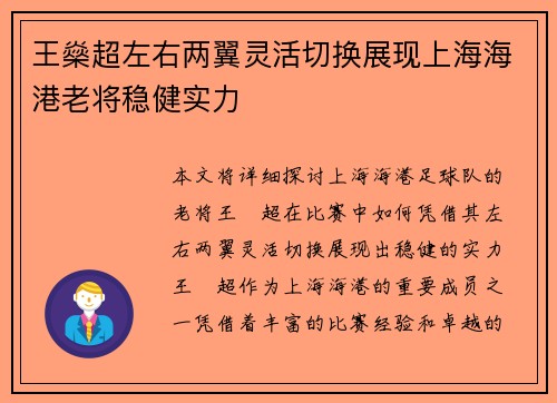 王燊超左右两翼灵活切换展现上海海港老将稳健实力